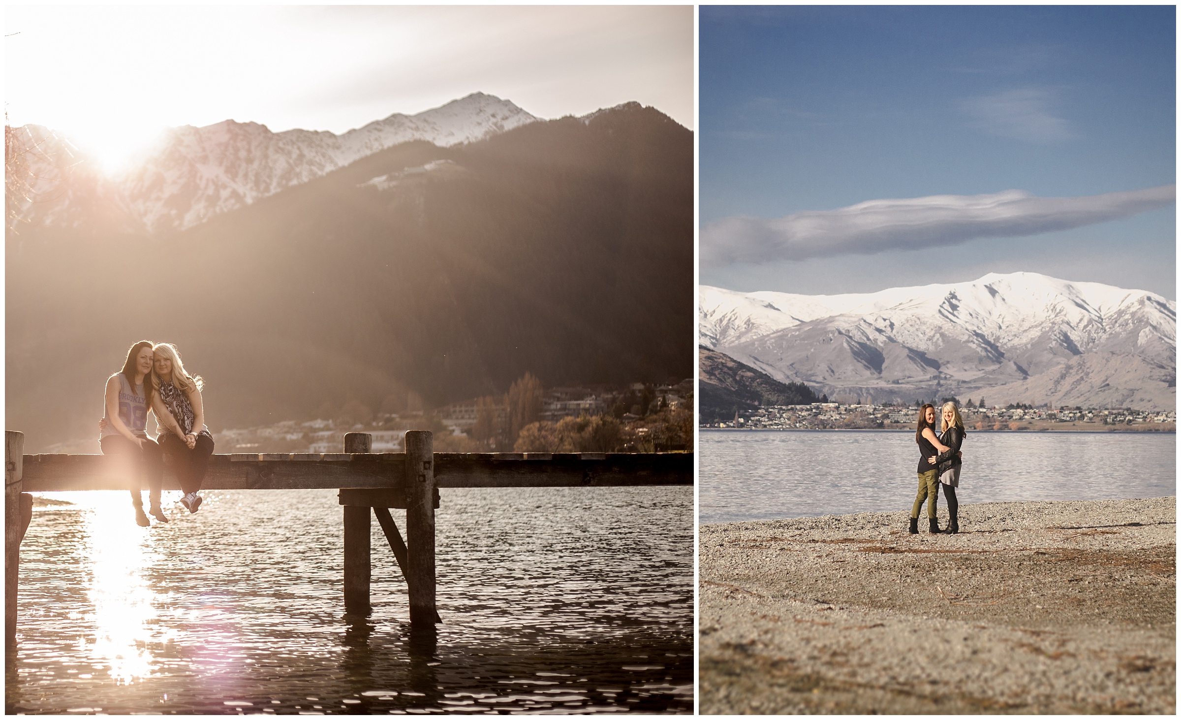 Couple sits together on a pier and stand together at Lake Wakatipu Queenstown