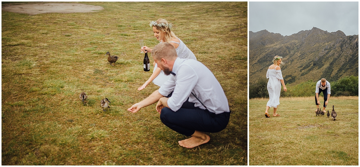 Bride and groom feed ducks and ducklings whilst enjoying a glass of champagne